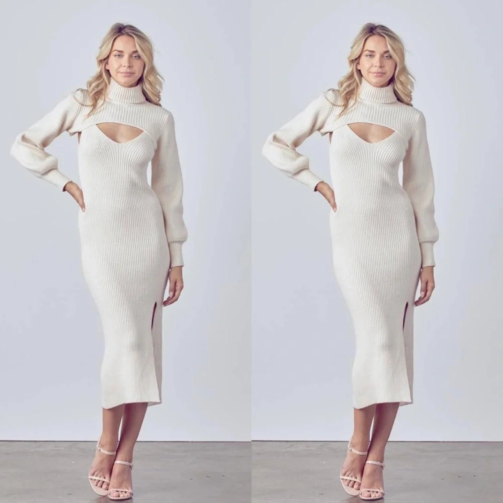 Turtleneck Two-Piece Midi Knit Sweater Dress, Cream, Small